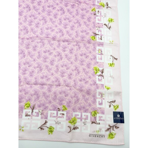 Givenchy Scarf Pink Floral Pattern w/ Monogram Border & Green Floral Accents - Picture 3 of 8